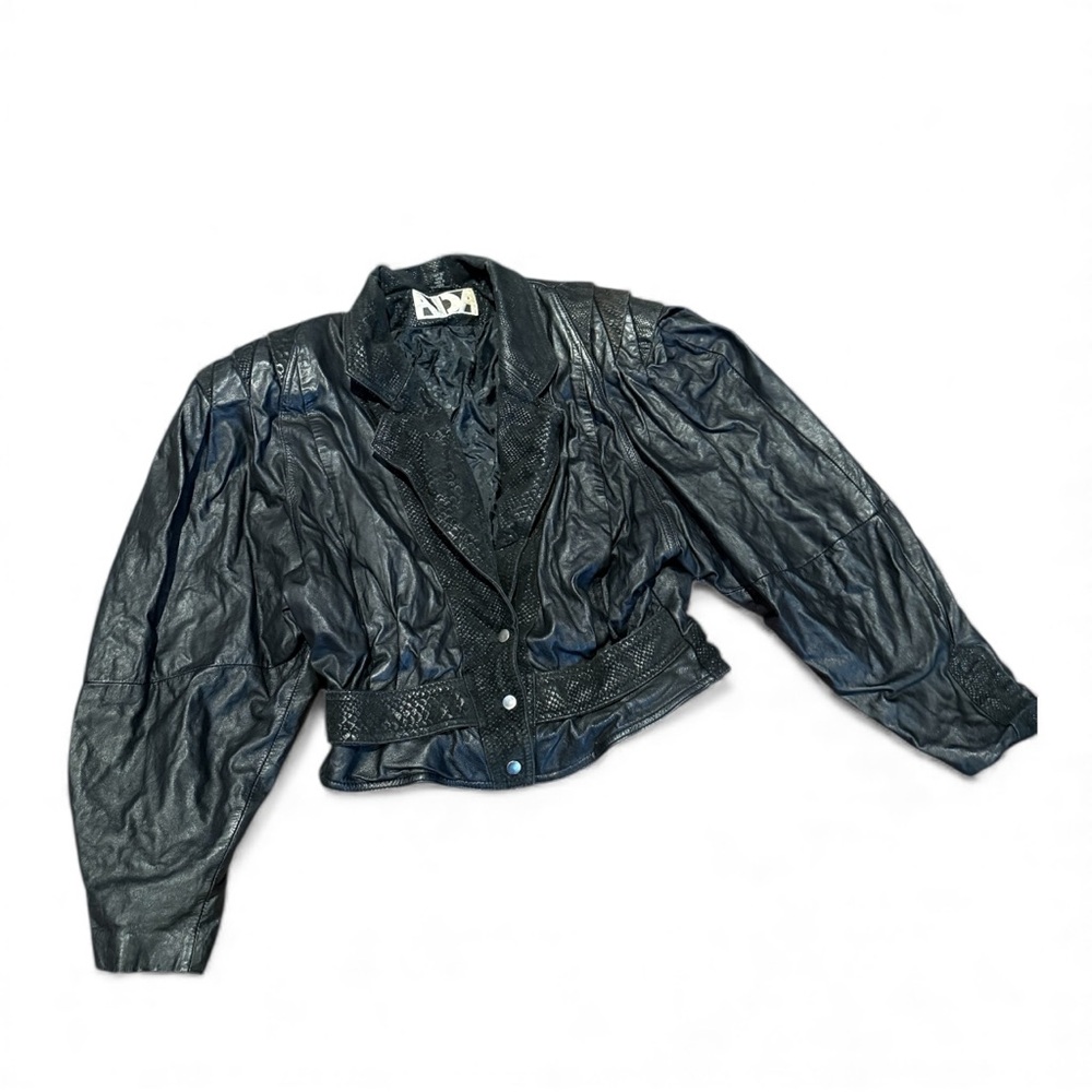 Vintage 80s Black Leather Cropped Jacket Puff Sleeve Snake Embossed Rockabilly